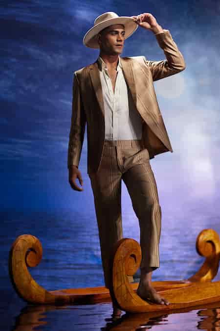 Buy Beige Italian Summer Twill Printed Stripe Umber Suit Set For Men by ...