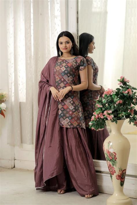 Designer Chinnon Printed Kurti Plazzo With Dupatta