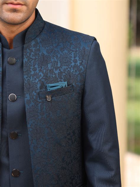 Midnight Blue Textured Bandhgala Suit Set – Neumen