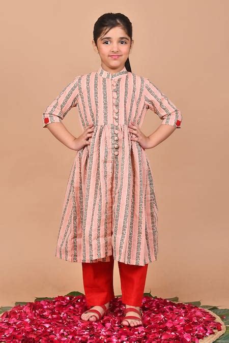 Buy Peach Cotton Printed Flower Basil Leaf Stripe Placement Embroidered ...