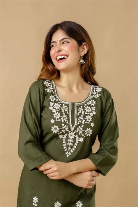Zesty Green Cotton Rayon Embroidered Short Kurti For Women Price in ...