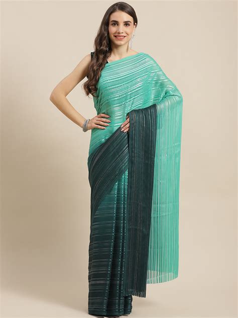 RUMJ7178 Teal Ombre Georgette Satin & Lurex Woven Saree With ...