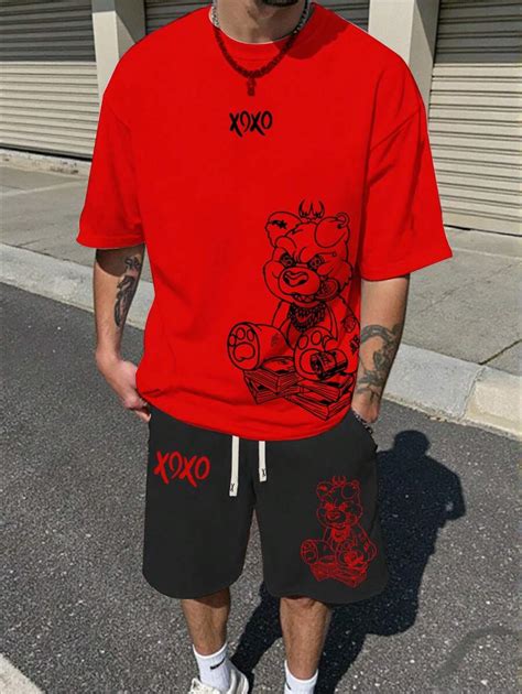 Manfinity Homme Men's Cartoon Bear Print Round Neck Short Sleeve Casual ...