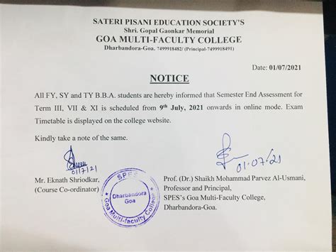 EXAMINATIONS / RESULTS NOTICE BOARD – Goa Multi Faculty College