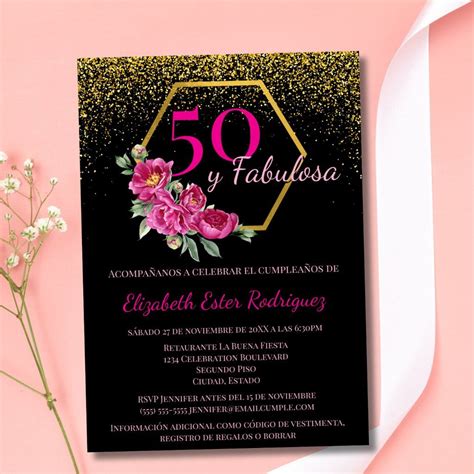 Spanish 50 y Fabulosa Black Gold Pink Chic Floral Invitation | Zazzle ...