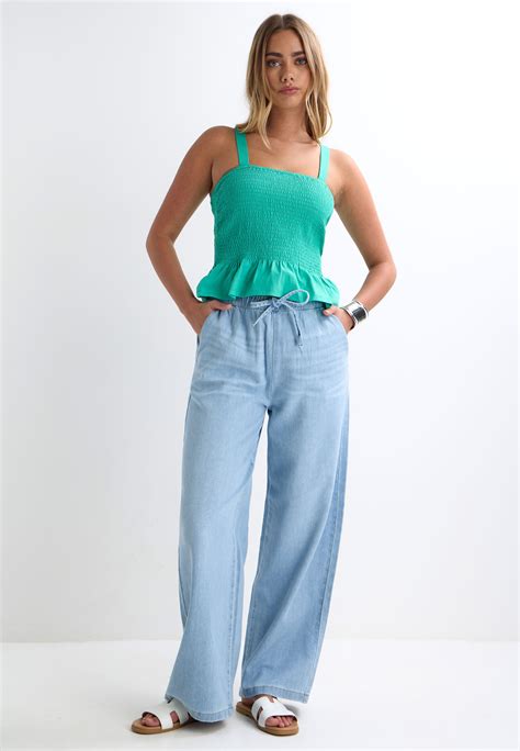 Womens Light Blue Wide Leg Drawstring Jeans | Peacocks