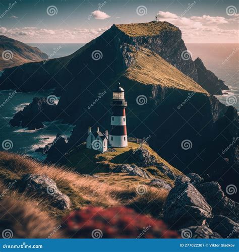 Lighthouse on Top of a Mountain and the Ocean Behind, Scenery Travel Background. Generative AI ...