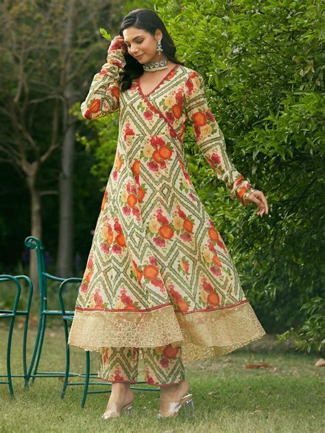 Beige Printed Cotton Mulmul Kurta