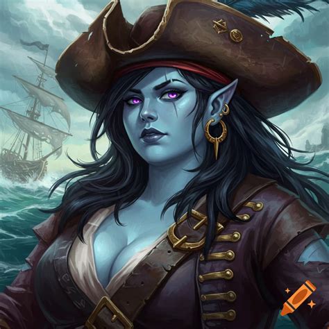 Plus size light blue skinned female pirate with black hair and purple eyes on Craiyon