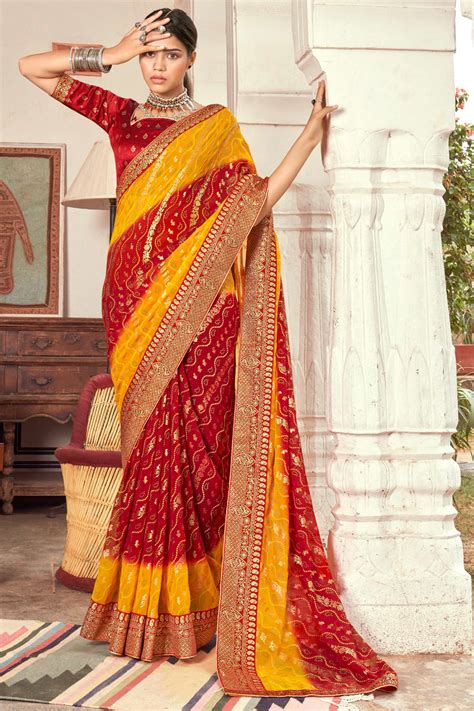 Buy Yellow Red Dual Tone Bandhani Saree 99428 Online | Karagiri