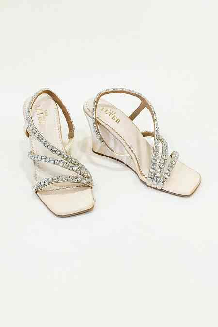 Buy Beige Rhinestones Kiara Embellished T-shaped Wedge Heels by The ...