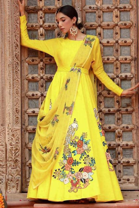 Buy Yellow Georgette, Muslin Tassels Round Neck, Botanical Print ...