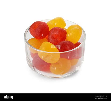 Delicious gummy fruit shaped candies in bowl isolated on white Stock ...