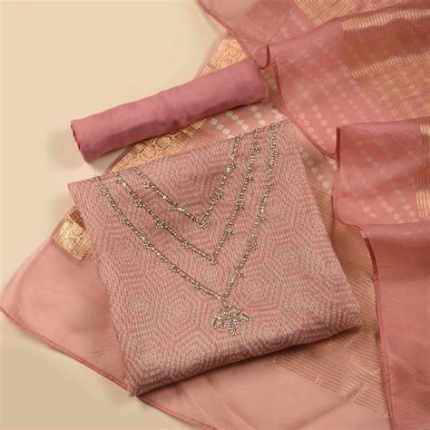 Pink Organza Silk Printed & Hand Embellished Unstitched Suit Set with ...