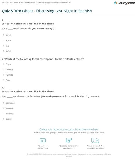 Quiz & Worksheet - Discussing Last Night in Spanish | Study.com