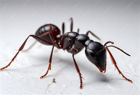 A closeup view of a large black ant with red markings crawling on a ...