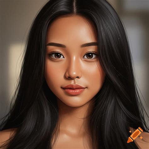 Close-up digital portrait of a young woman with long black hair, tan ...
