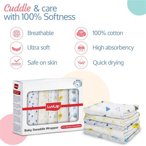 LuvLap 100% Cotton Muslin Baby Swaddle Pack Of 5 (Triangles Bird And ...