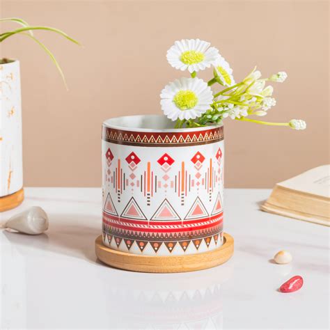 Noor Art Multicolor Ceramic Planter With Wooden Coaster Online ...