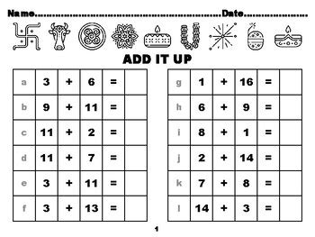 India Diwali 100, First Grade Addition upto 20 Worksheets school ...