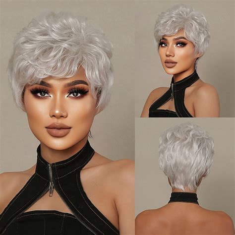 Human Hair Blend Wig Short Curly Bouncy Curl Pixie Cut Side Part ...