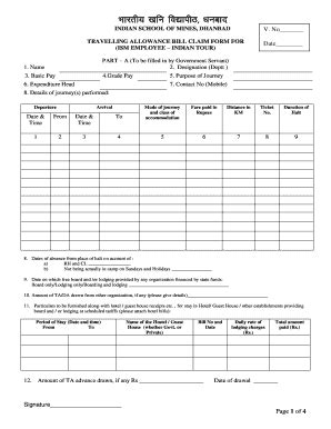 Indian School of Mines Travel Allowance Bill Claim Form - Blank ...