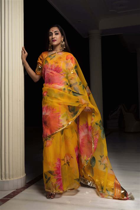 Shop Beautiful Floral Yellow Organza Saree – Pomcha Jaipur