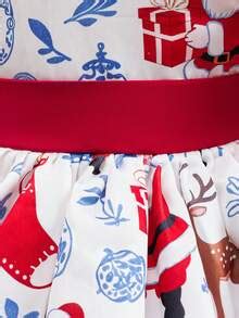 Young Girls' Puff Sleeve Santa Claus & Reindeer Print Bow Satin Elegant ...