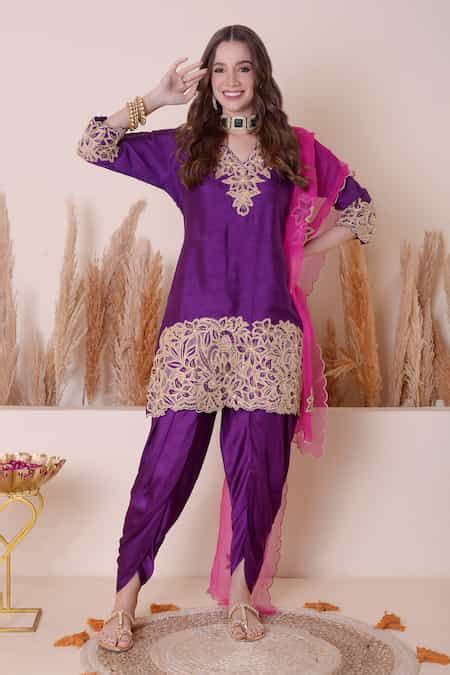 Buy Purple Modal, Silk, Organza Sequins, Zari, Floral Cutwork Kurta ...