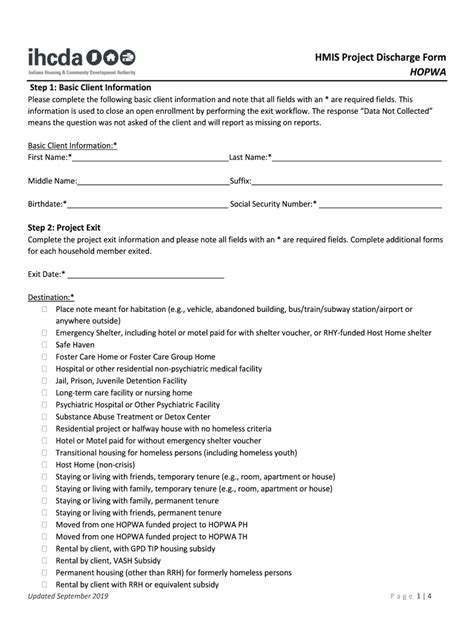 Fillable Online HMIS Project Discharge Form HOPWA - IN.gov Fax Email ...