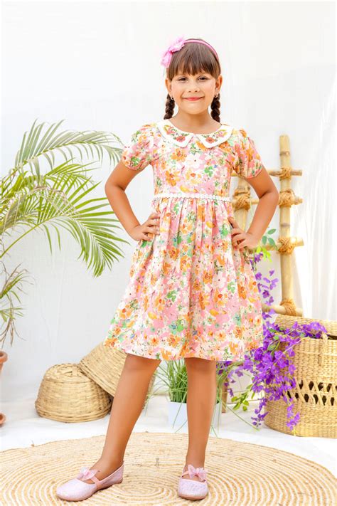 Floral Cotton Frock for Girls – Pink Summer Dress with Peter Pan Colla ...
