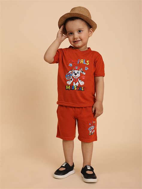 Cutiekins Boys Puppal Graphic Print T-shirt with Shorts -Rust & Off Wh