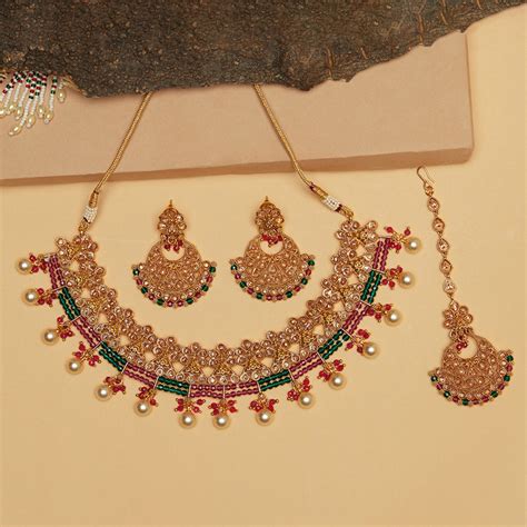 Gold Opulence Gold Finish Maang Tika Set with Maroon and Green Colours ...