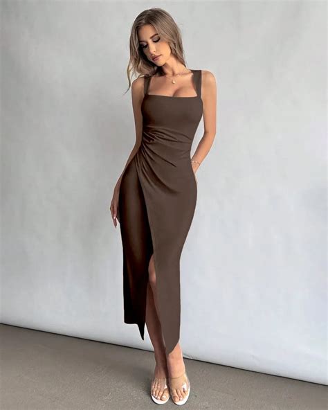 Square Neck Ruched Slit Midi Dress in Brown – Littlebox India