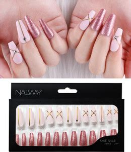 Nailway Designer Pre designed Pink Coffin False Finger nails party ...