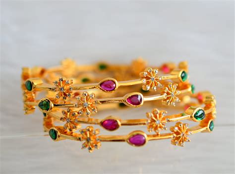 Gold tone kemp-green-white flower set of 4 bangles(2.6) dj-43896 ...