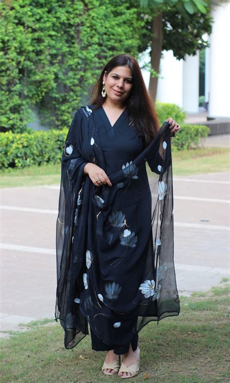 Cotton Midnight Handbrush Suit Set with Chiffon Handpainted Dupatta ...