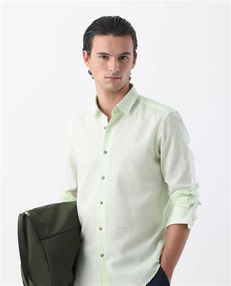 Rare Rabbit Men's Linux Pastel Green Linen Blend Plain Regular Fit Ful