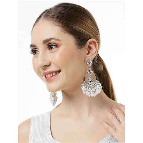 Buy OOMPH Silver And White Pearls Chandbali Earrings - Kundan Jadau In ...