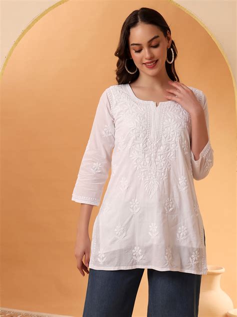 White Neera Cotton Chikankari Short Kurti