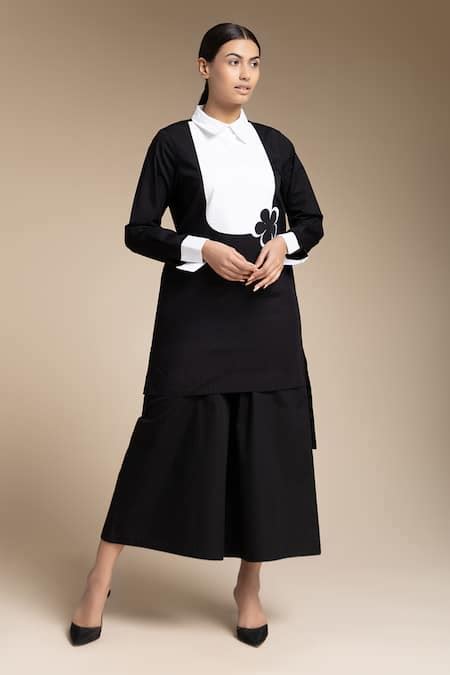 Buy Black Cotton Embroidery Collared Placement Tunic And Palazzo Set ...