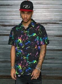 AXEPEAK Men Reflective Splash Ink Print Shirt, Short Sleeve Button Up ...