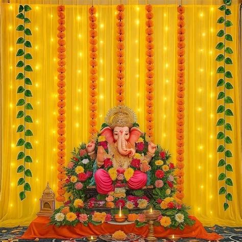 Ganpati Decoration Setup for Home -13Pc Yellow Net Curtain with ...