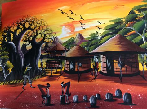 African Painting, African village scene | African paintings, Africa art ...