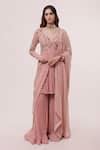 Buy Pink Georgette Embroidery, Beads V-neck Embellished Peplum Kurta ...