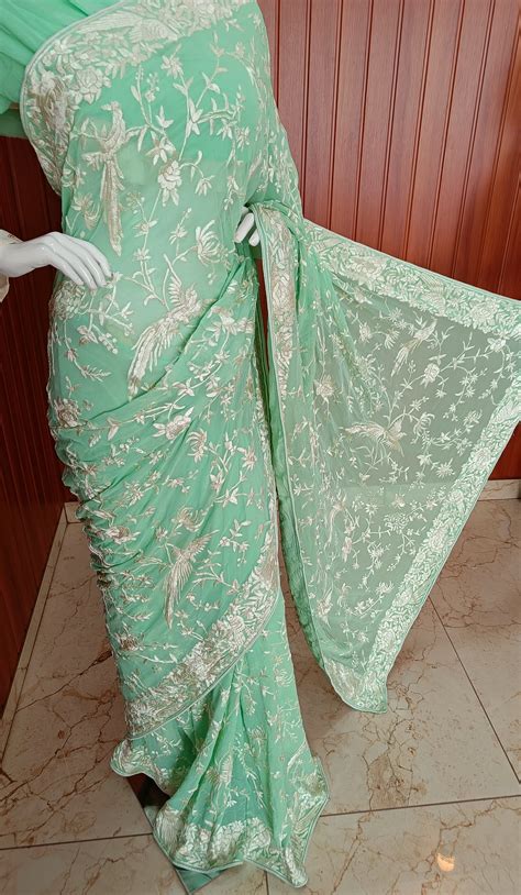 Mint Green Masterpiece Parsi Gara Hand Embroidered Saree