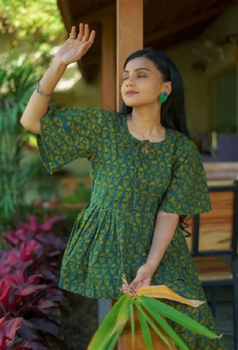 Cotton Handloom Dark Green Short Kurti with Ajrakh Hand-Block Prints