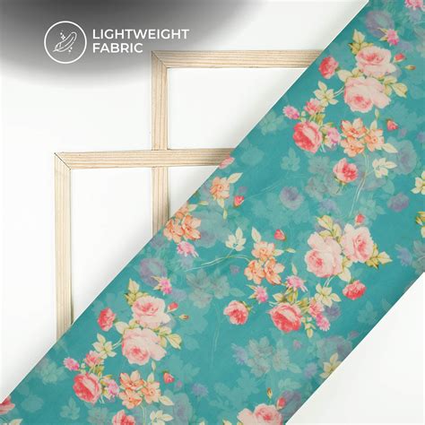 Sky Blue And Pink Floral Printed Organza Satin Fabric – Fabcurate
