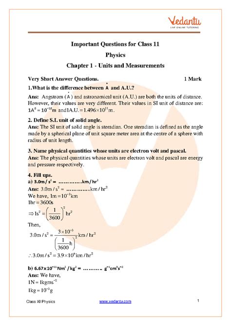 Important Questions for Class 11 Physics: Units & Measurements - Studocu