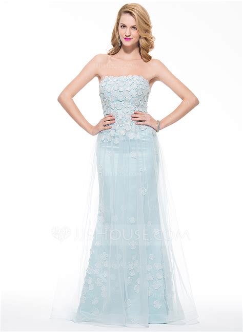 Trumpet/Mermaid Strapless Floor-Length Tulle Prom Dresses With Flower(s ...